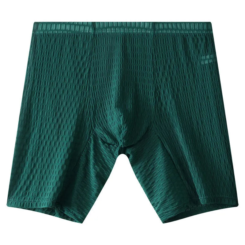 Men's lengthened transparent lace boxer shorts on a neutral background, showing mid waist and leg detail.