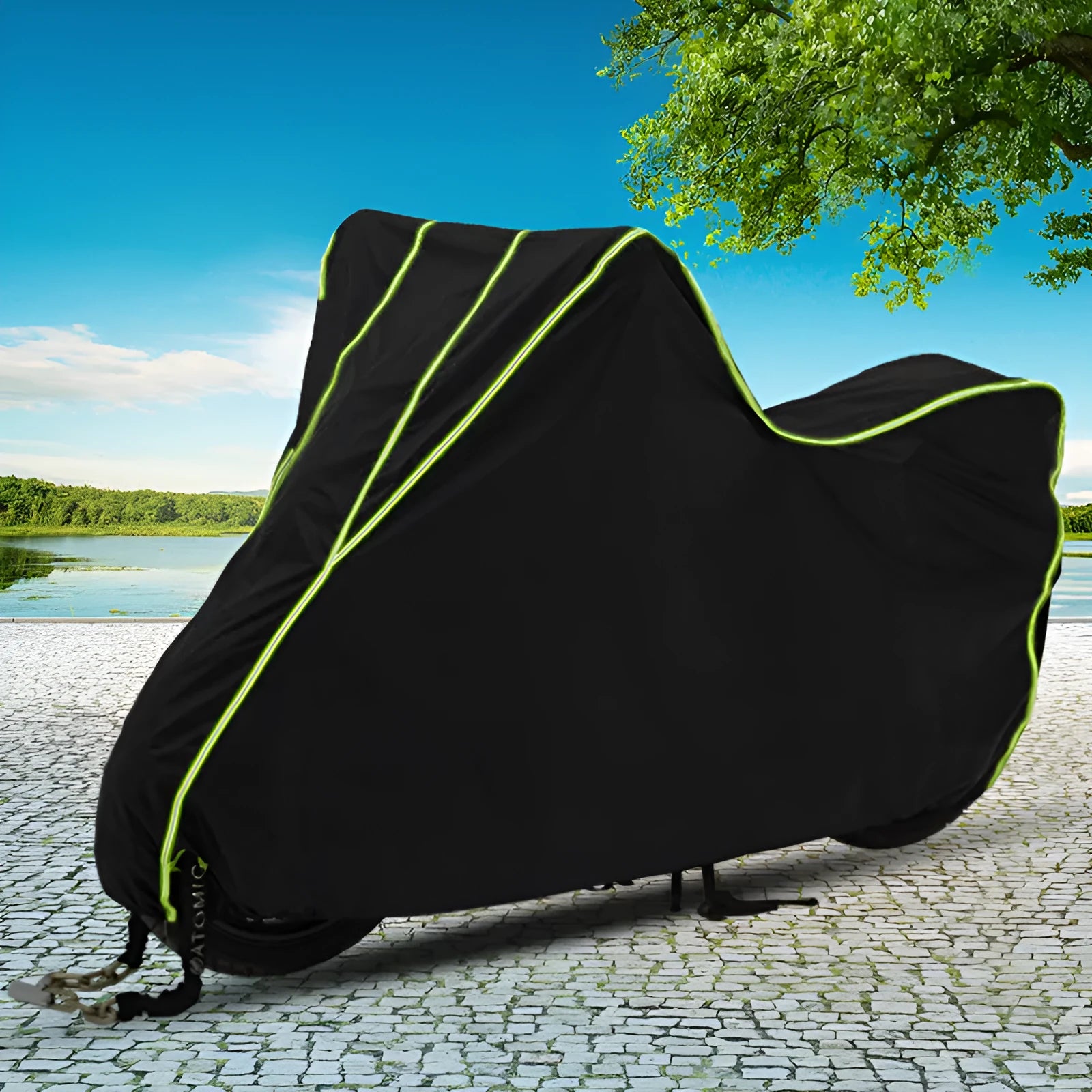 Thick nylon PVC coated motorcycle cover in black green, size L, on a dark background