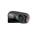 Mini Bluetooth speaker with digital clock display in black, blue or white colours showing extra bass feature