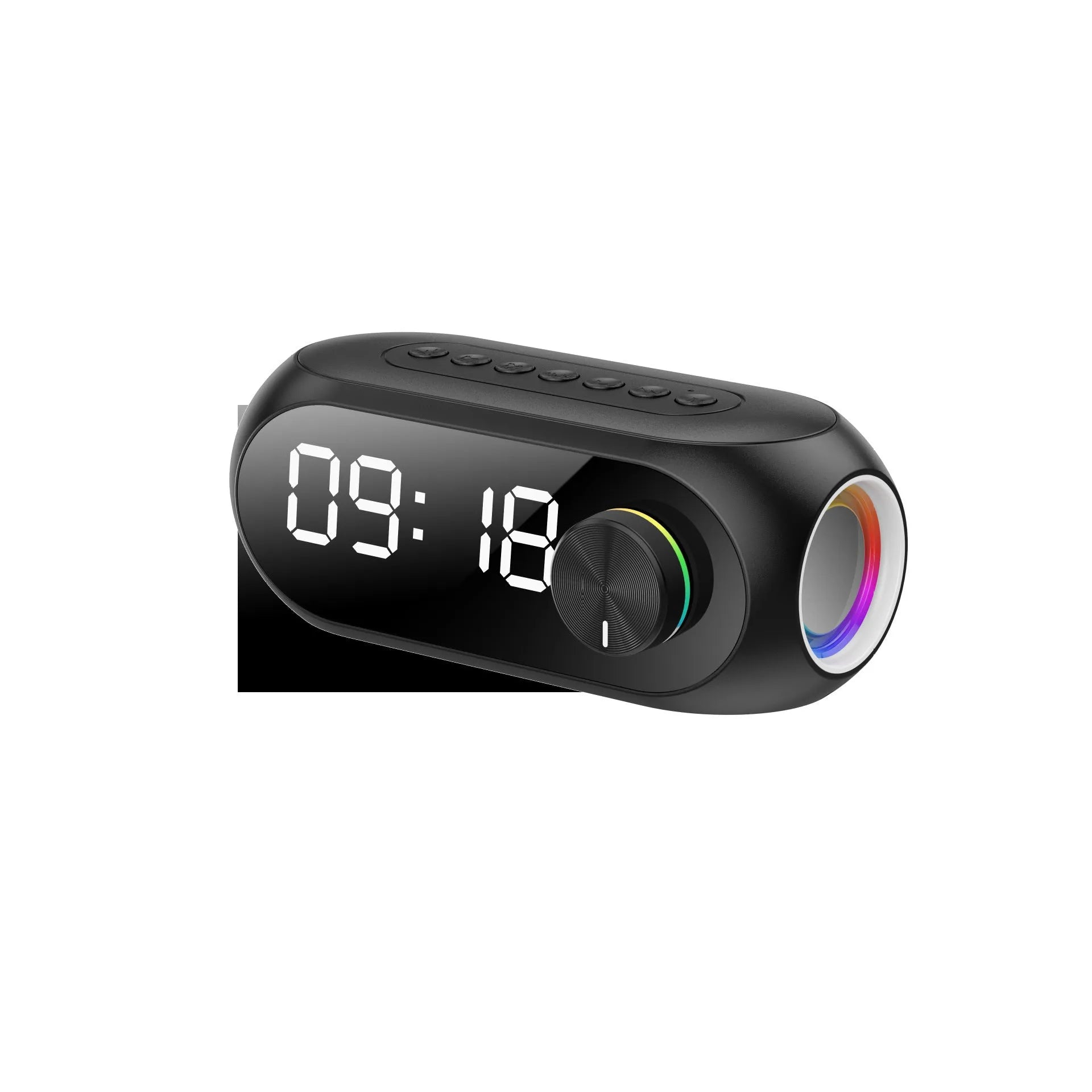 Mini Bluetooth speaker with digital clock display in black, blue or white colours showing extra bass feature