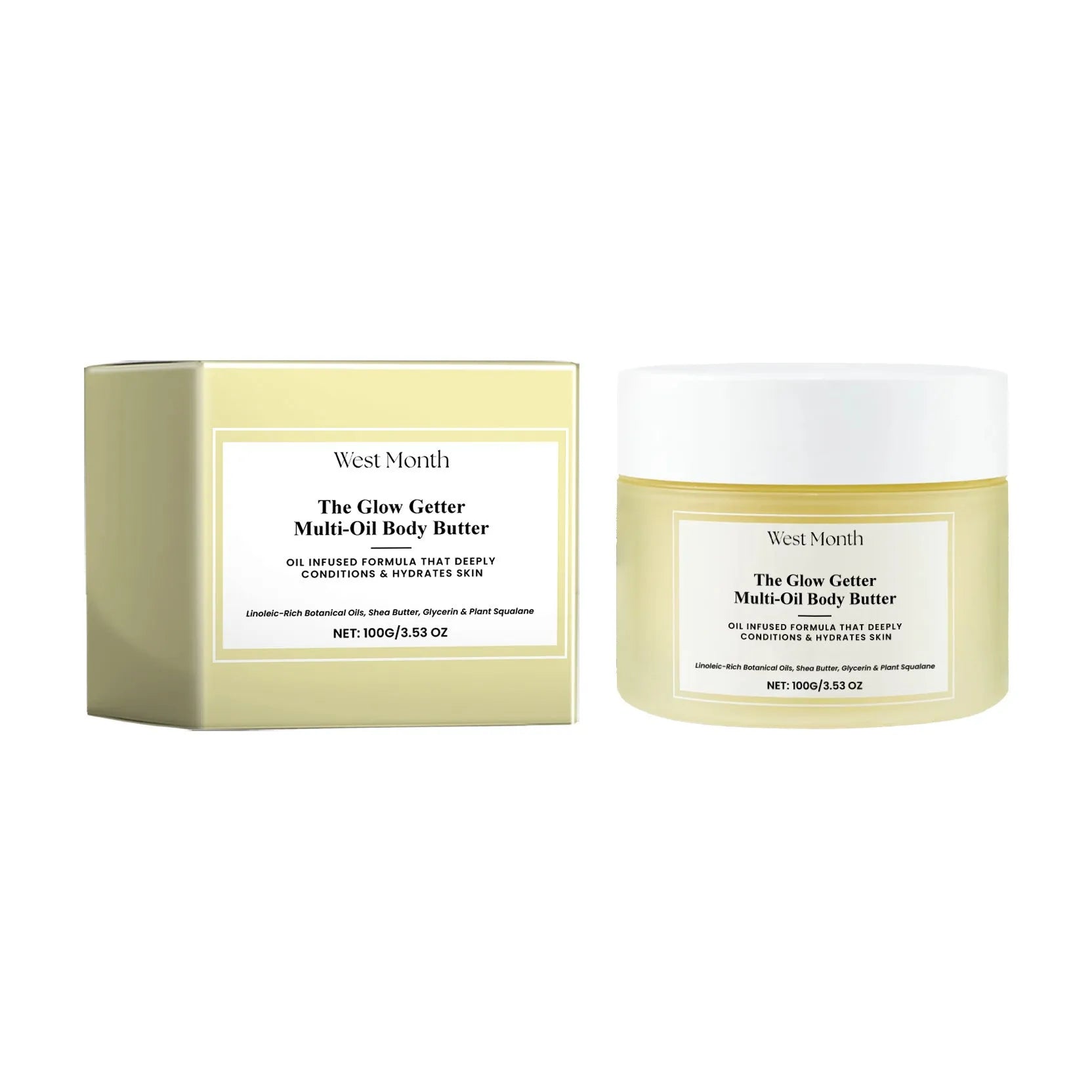 Nourishing and firming body care kit with skincare oil bottle and moisturising cream jar