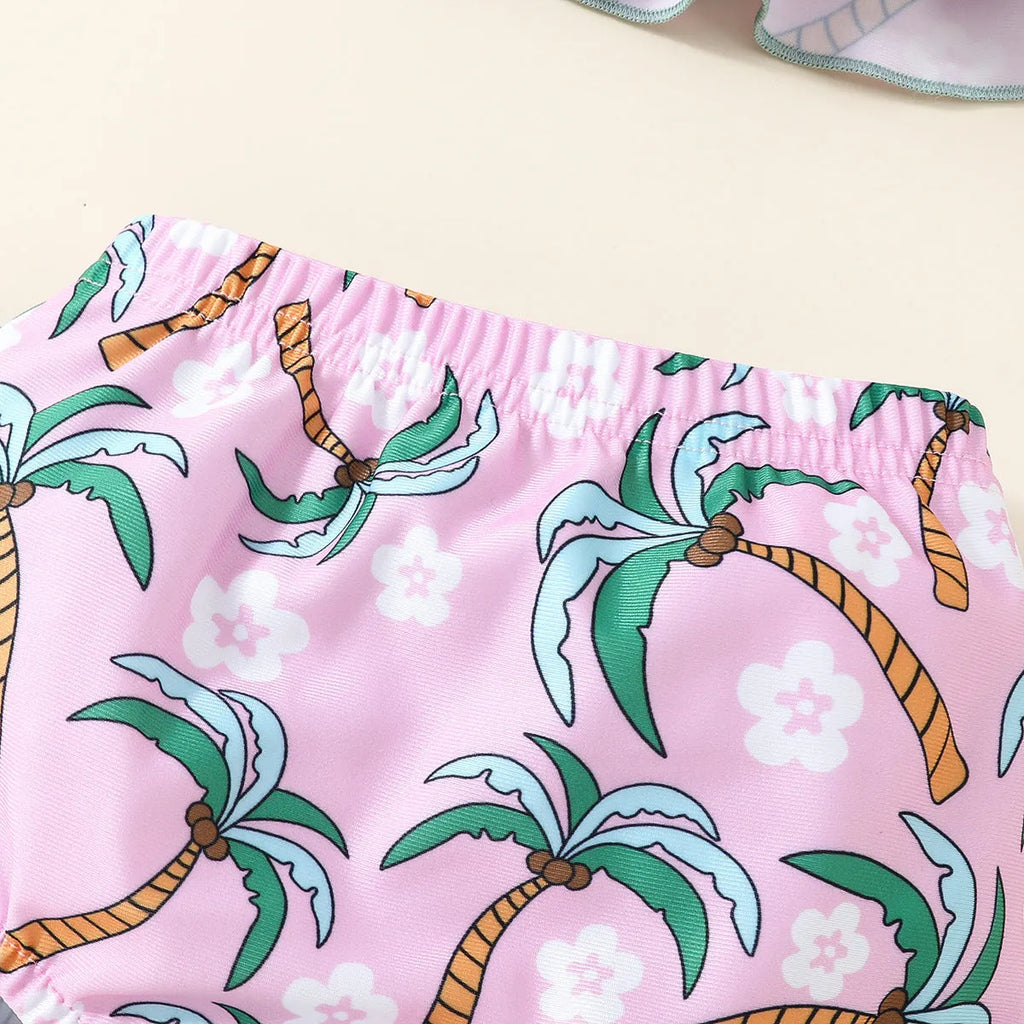 White children's two-piece swimsuit set with shirt and beach shorts on hanger