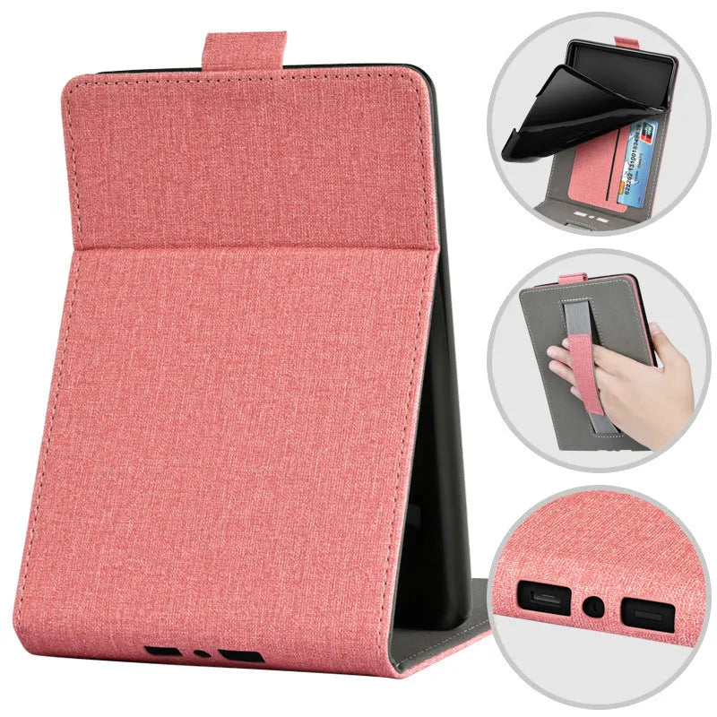Painted leather-look TPU protective case for a 6-inch ereader, shown in a bracket-compatible business style.