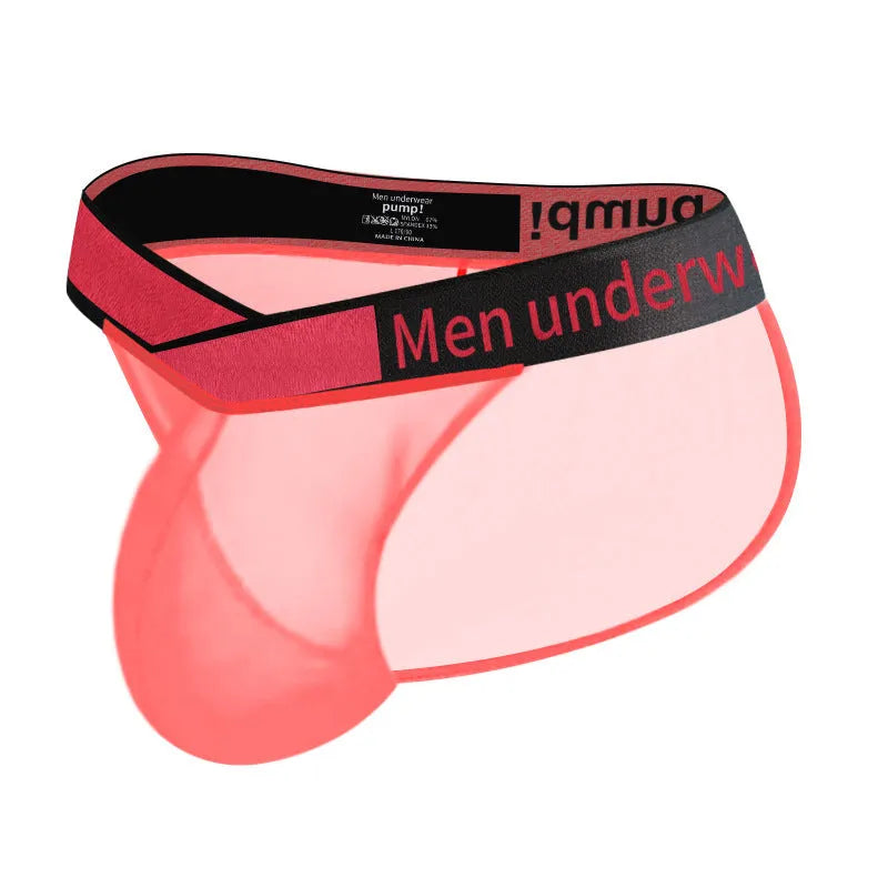 Men's transparent ice silk underwear with large V gradient high fork design in black colour