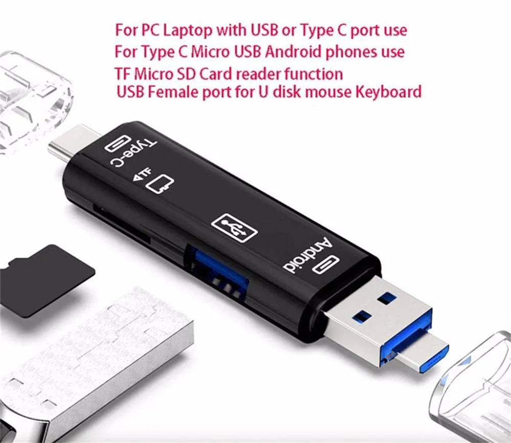 USB OTG hub adapter with Type-C, Micro USB ports and TF card reader in black