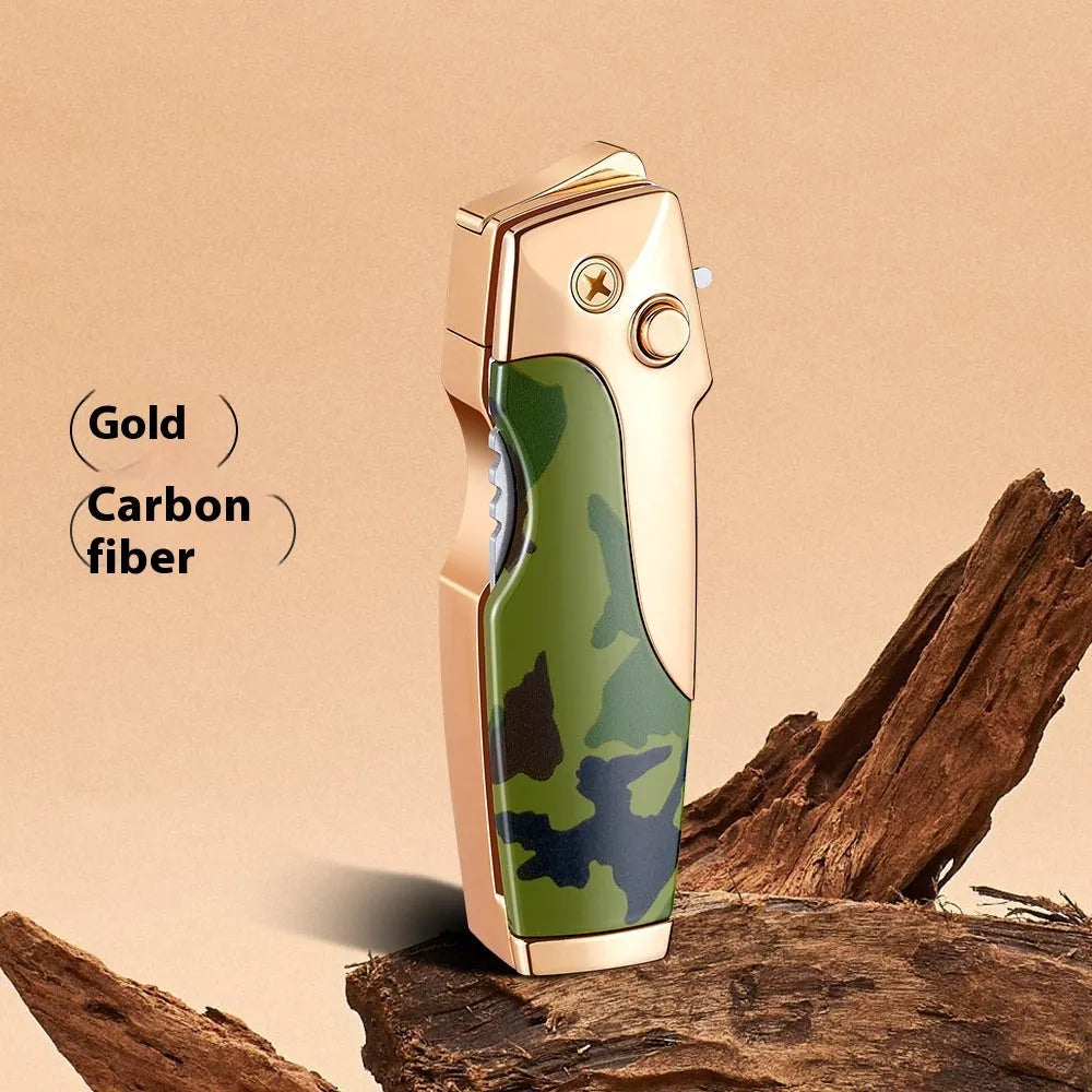 Metal folding outdoor lighter with integrated knife in a zinc alloy case, showing various colour options.