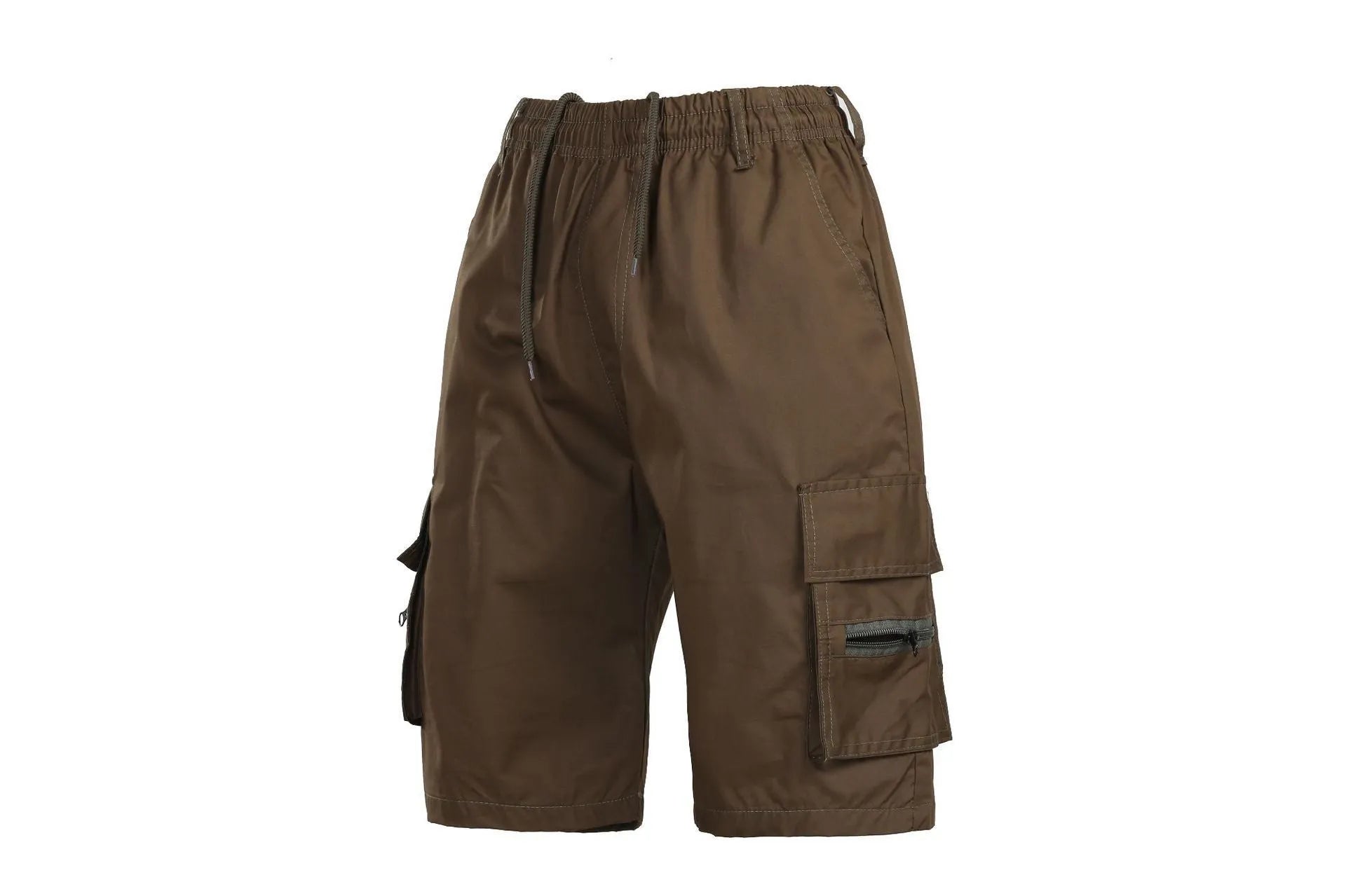 Men's khaki-coloured loose-fit cotton casual shorts with a drawstring waist and multiple pockets.