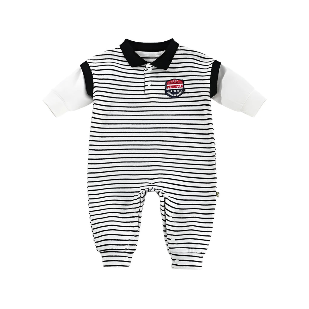 Striped cotton baby onesie in black with pullover design for newborn autumn wear