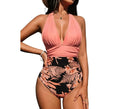 Women's halter neck one-piece swimsuit in polyester with floral print