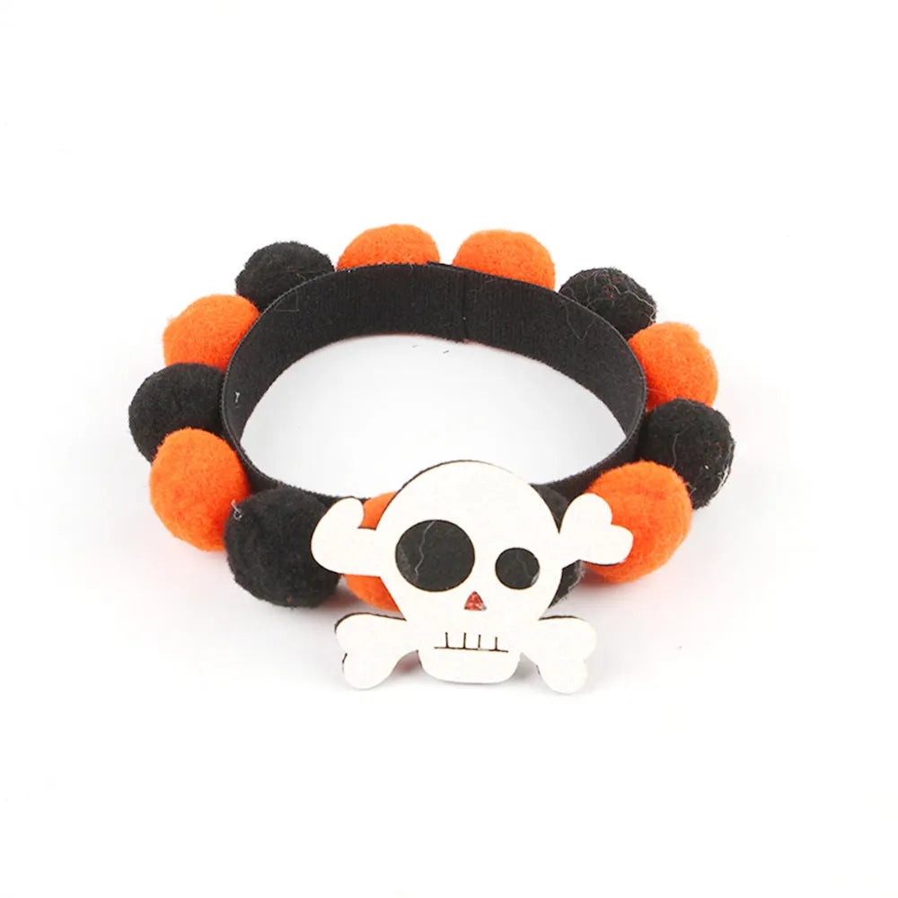 Halloween pet fur ball collar in six designs including pumpkin, skull, and witch themes
