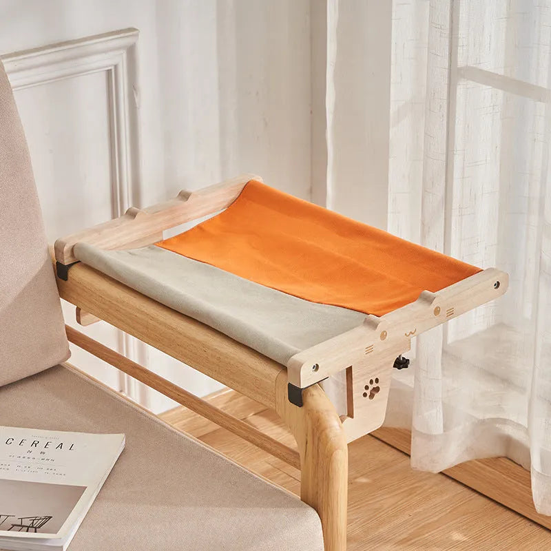 Wooden cat hanging bed mounted to window with seven style variations for balcony or bedside use
