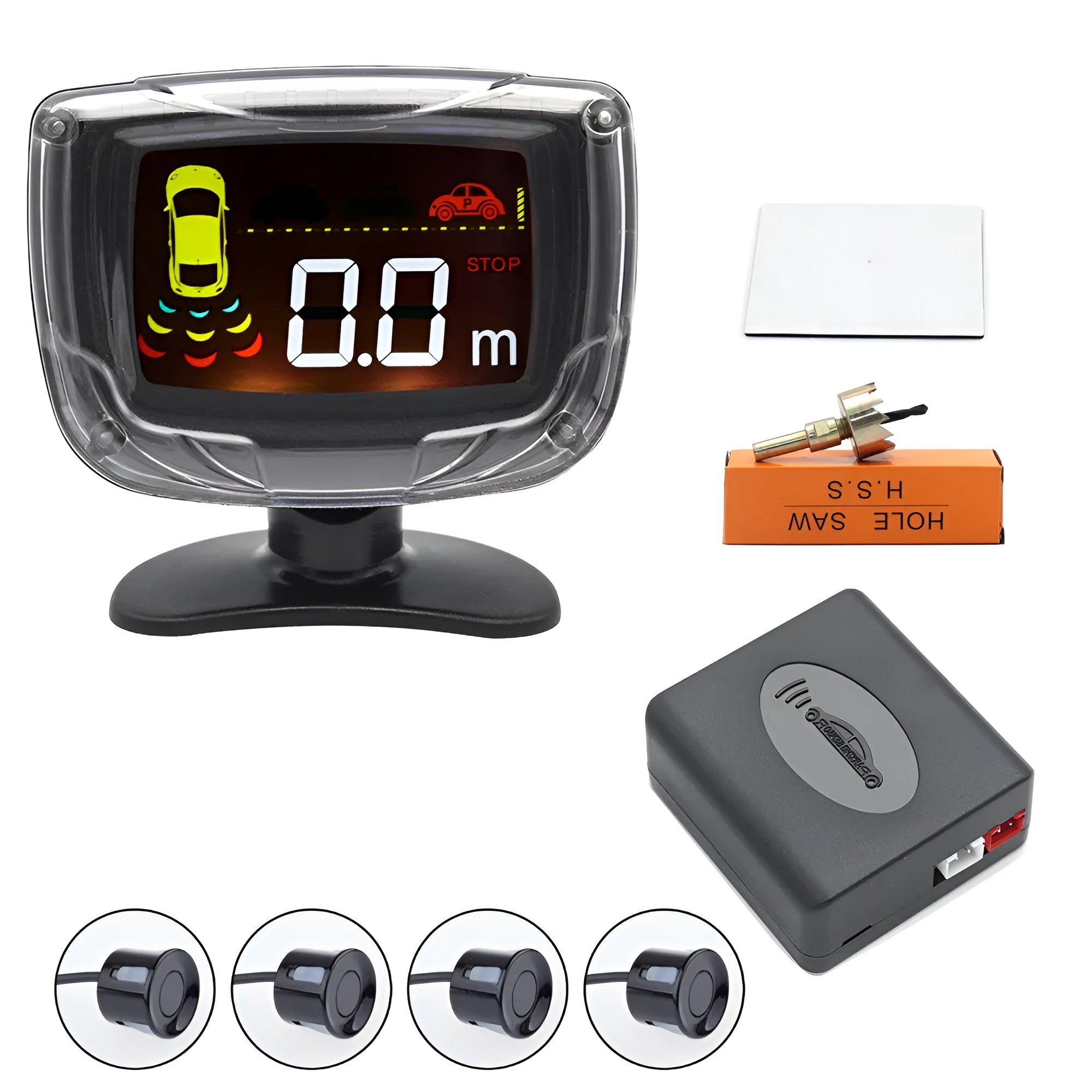 Wireless reversing sensor kit showing main unit, four round probes, LED display, hole opener, and cables on a white background.