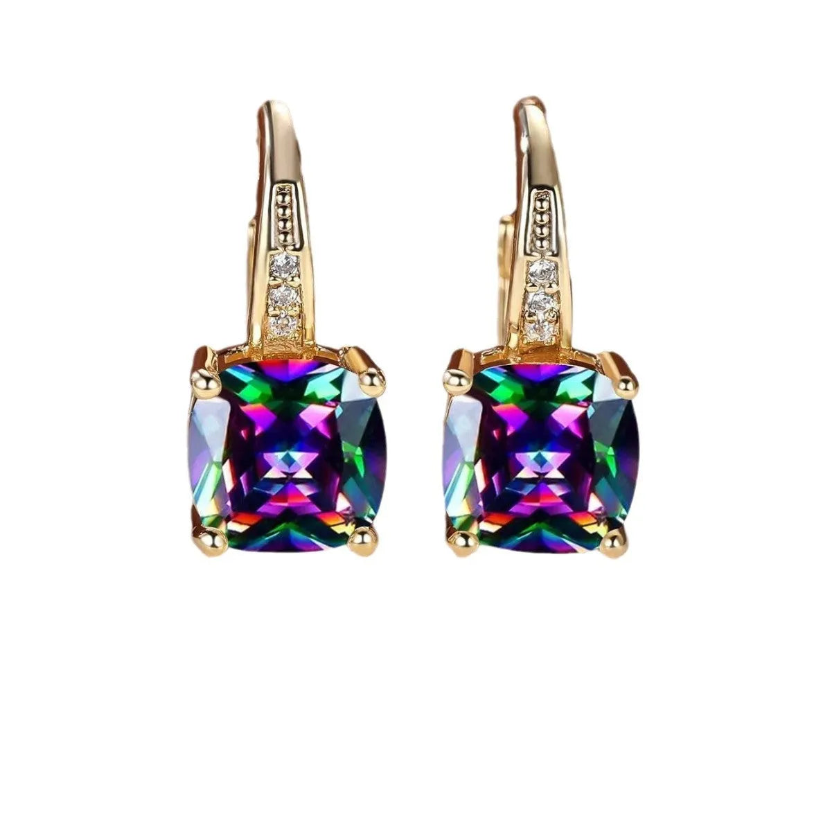 Square geometric ear clip with colourful moissanite inlay on an electroplated copper base.