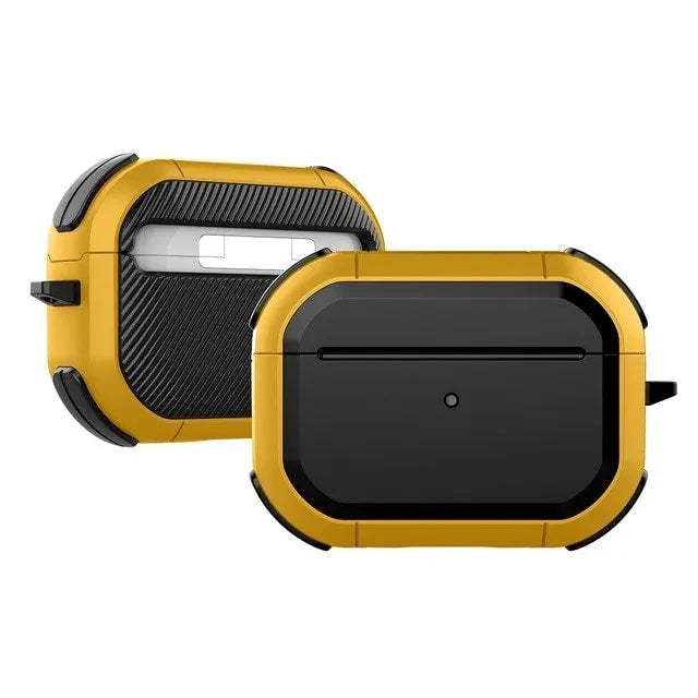 Black TPU and PC protective shell on an AirPods Pro charging case.