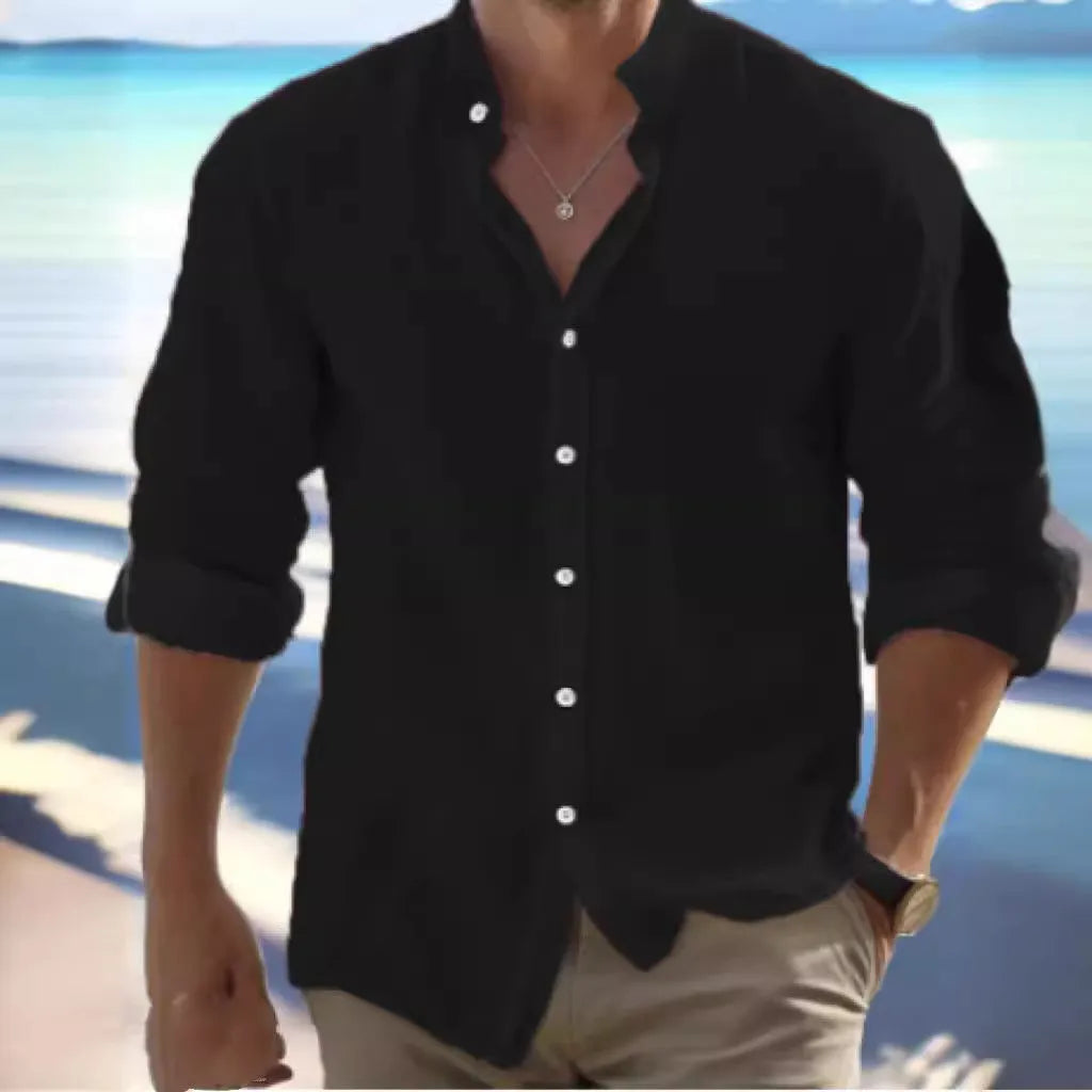 Men's white linen button-up summer beach shirt with collar on a hanger.