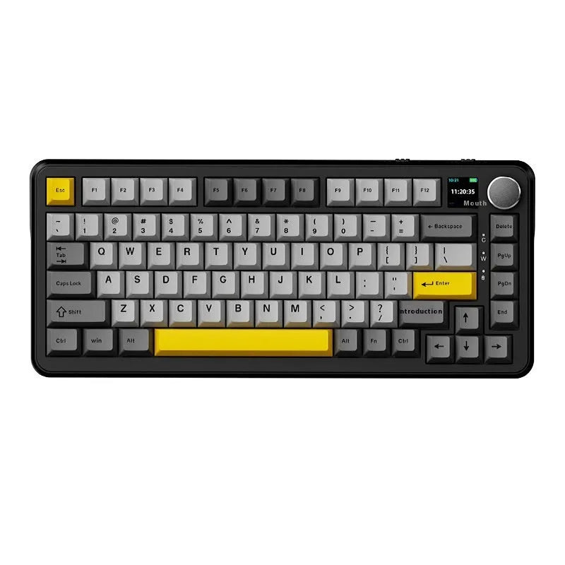 Three-mode wireless mechanical keyboard with hot-swappable switches in black, grey and yellow colour scheme