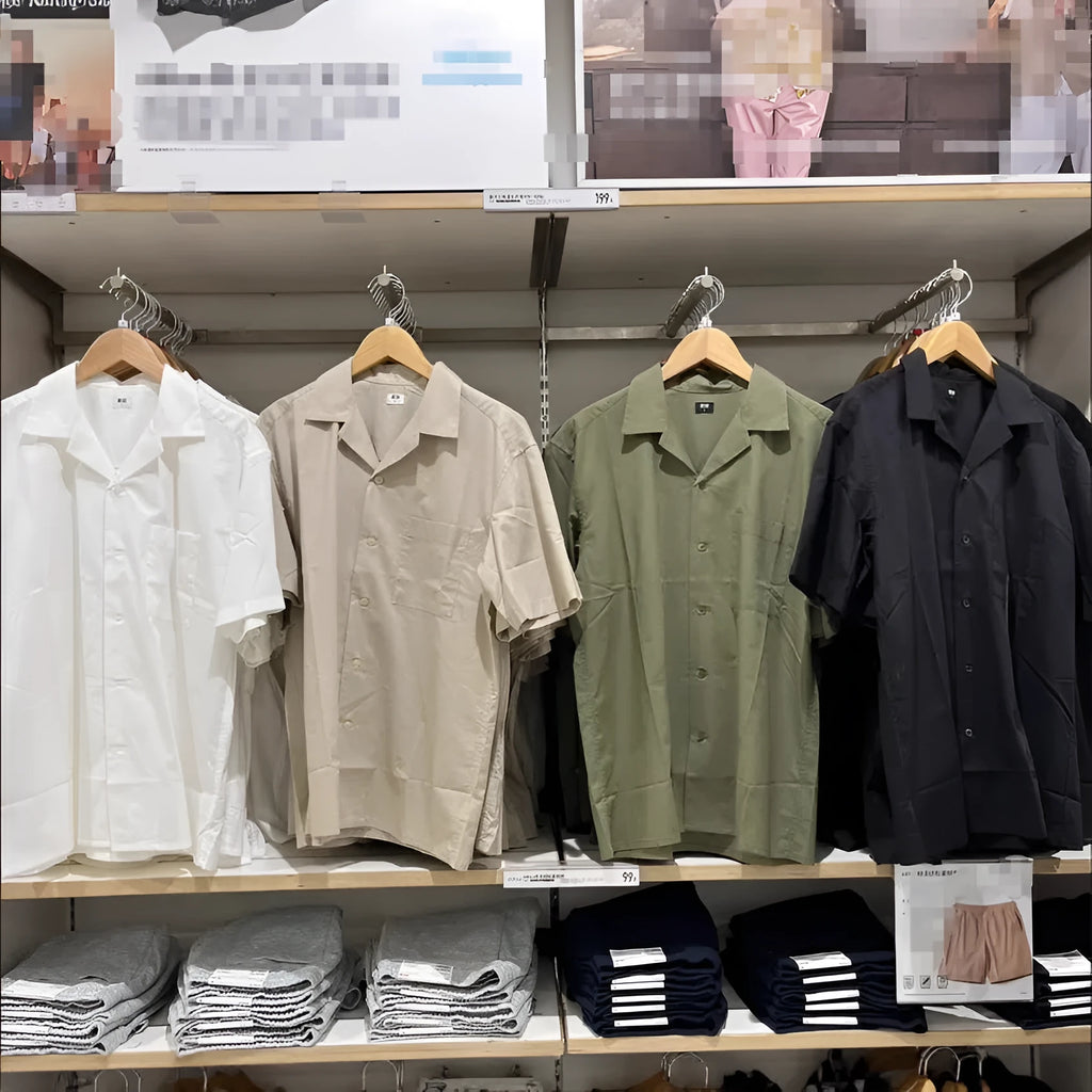 Men's beige modal cotton open collar casual shirt with Japanese Korean styling