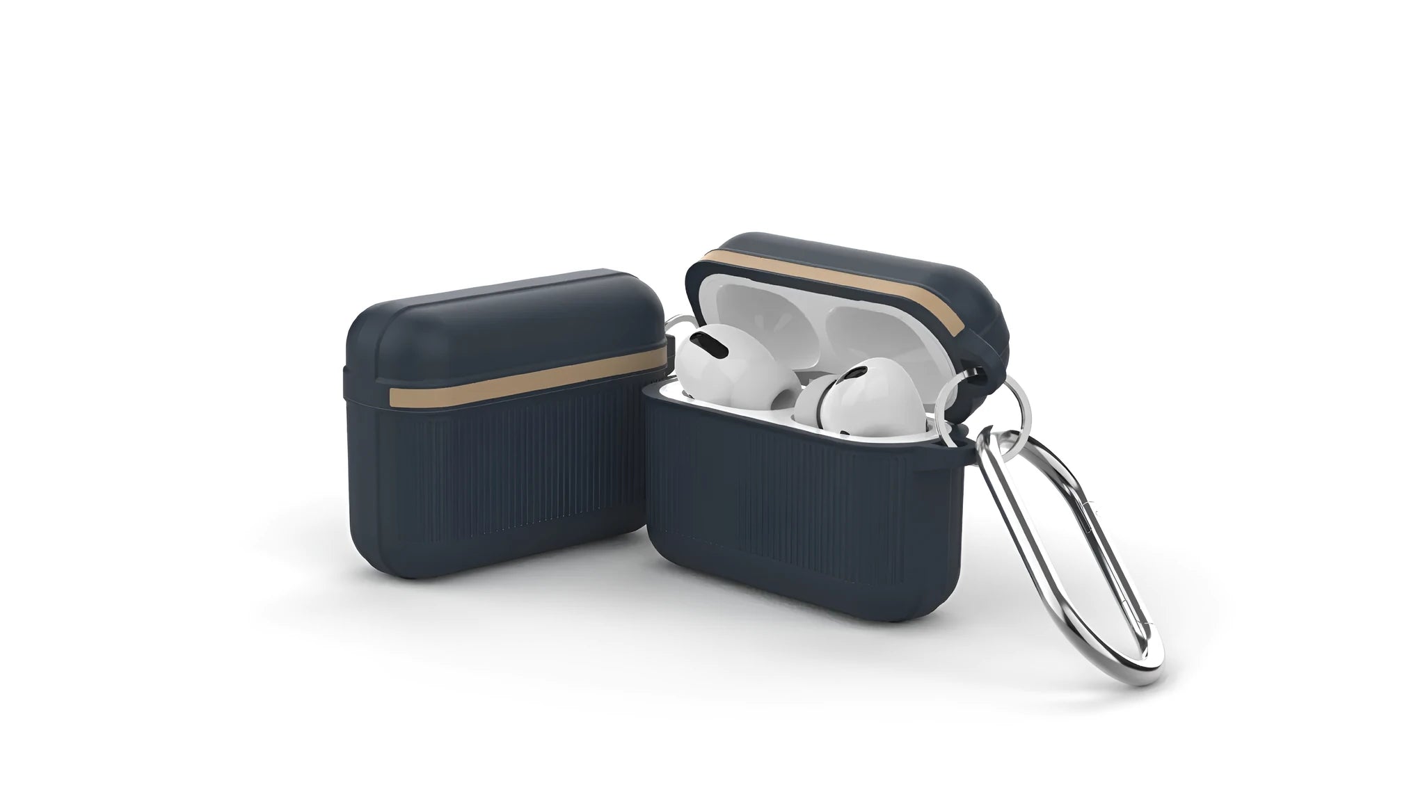 Silicone clamshell protective case for Apple AirPods in various colours showing split design and metal buckle.