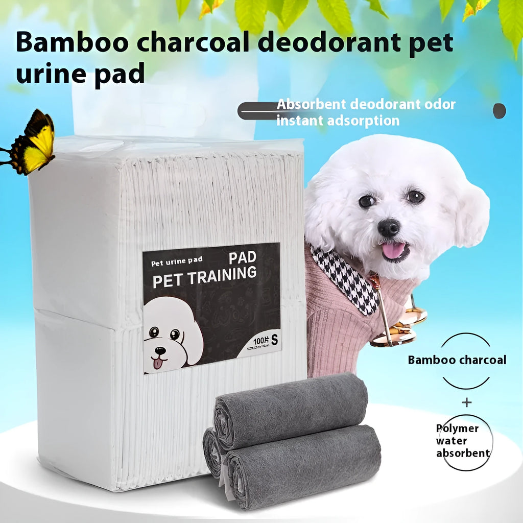 Pack of pet urinal pads showing different sizes and models including bamboo charcoal variant