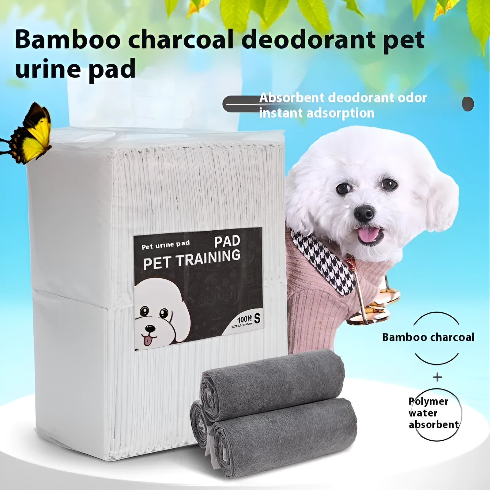Pack of pet urinal pads showing different sizes and models including bamboo charcoal variant