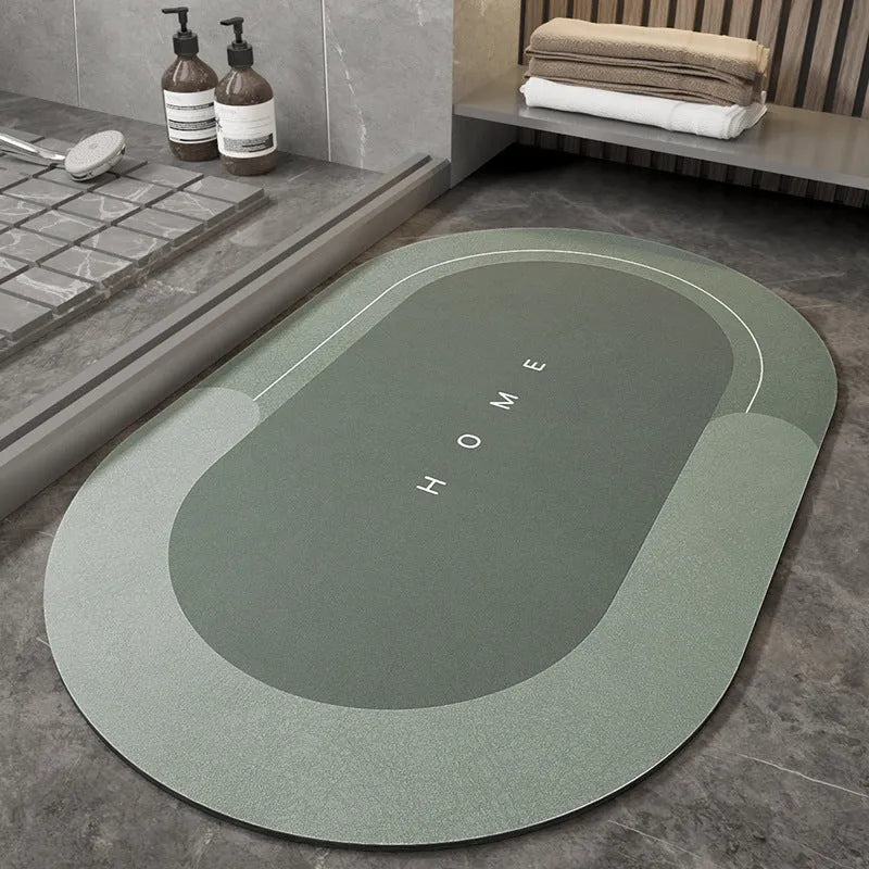 Blended fabric bathroom floor mat in blue, available in oval and rectangular shapes