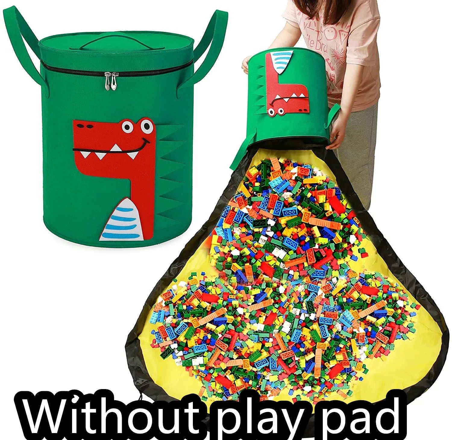 Green felt cube storage bag with pull rope shown as both a toy play mat and closed storage container