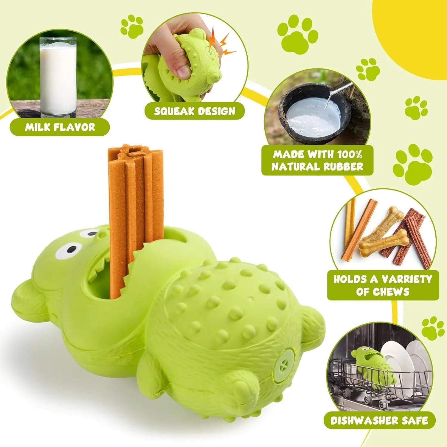 Green and yellow natural rubber squeaky dog toy for large breed aggressive chewers