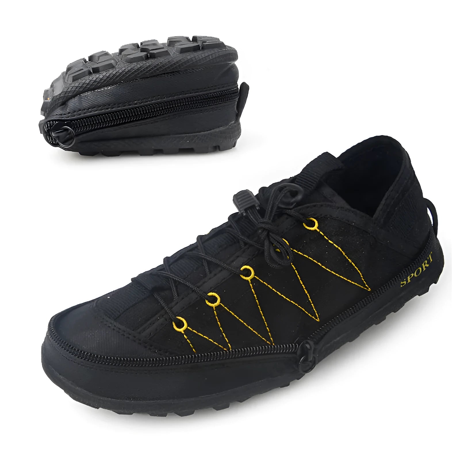 Orange folding outdoor hiking shoe with side zipper, shown next to its compact folded state