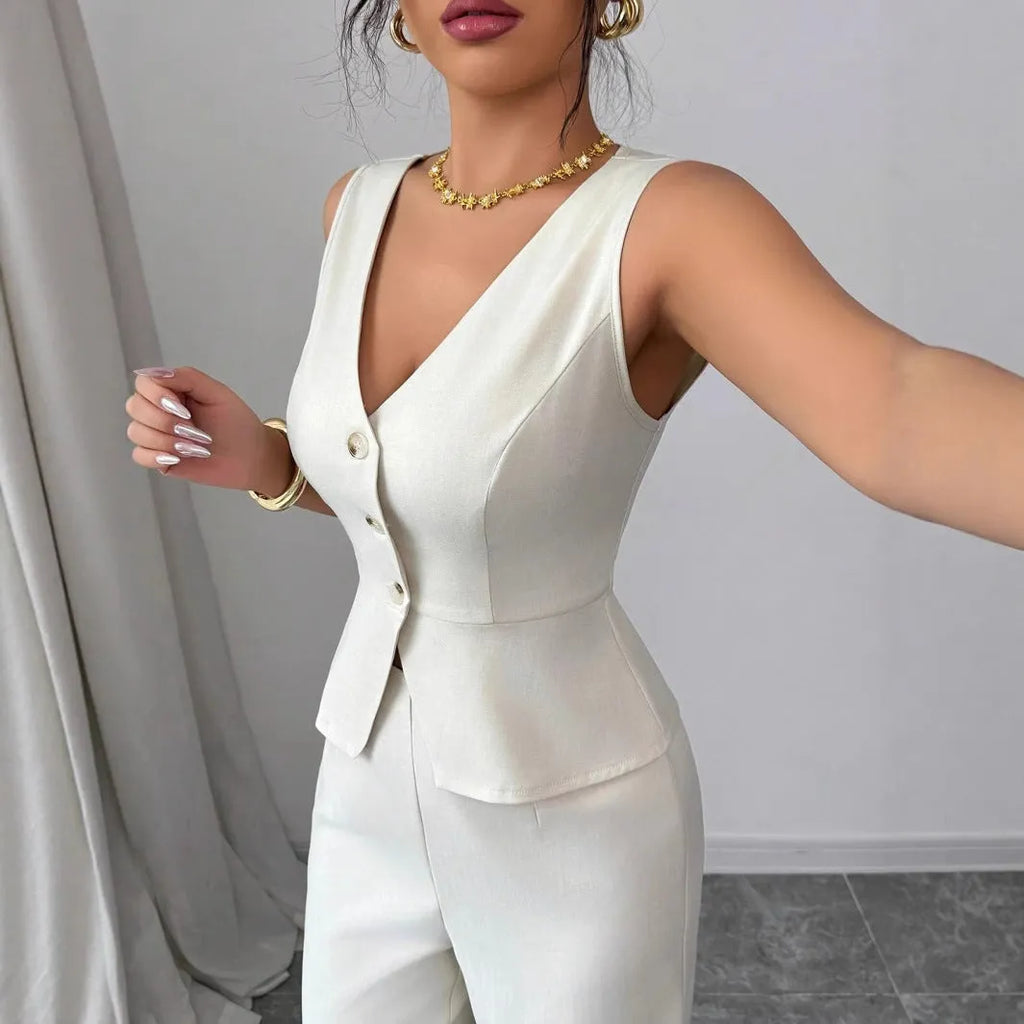 Women's sleeveless slim fit vest and high waist trousers two-piece set in solid colour