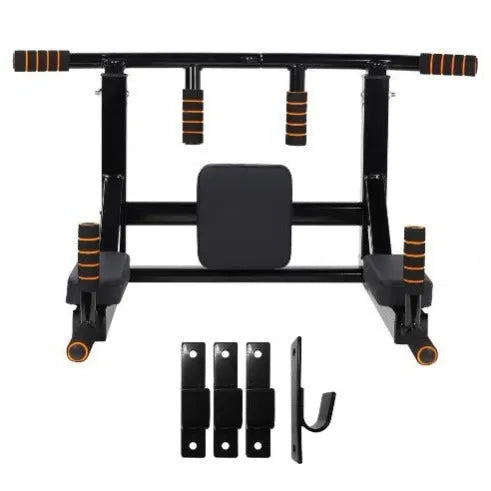 Black wall-mounted fitness rack with sandbag storage and single parallel pull-up bars
