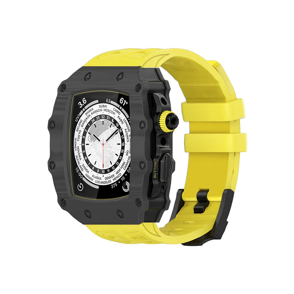 Carbon fiber shell strap for iWatch 45/44mm with rose gold buckle and white clip style