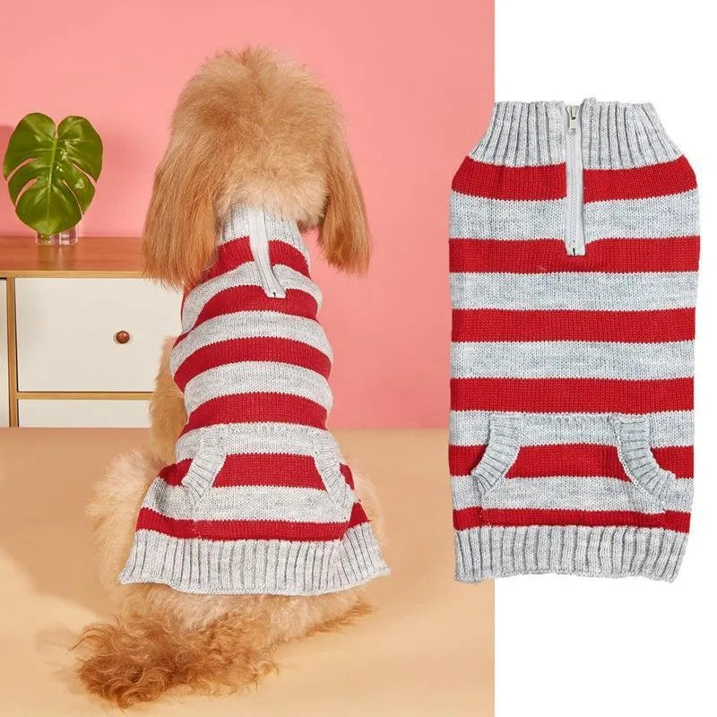 Grey dog sweater with horizontal zipper and button pocket on a small dog