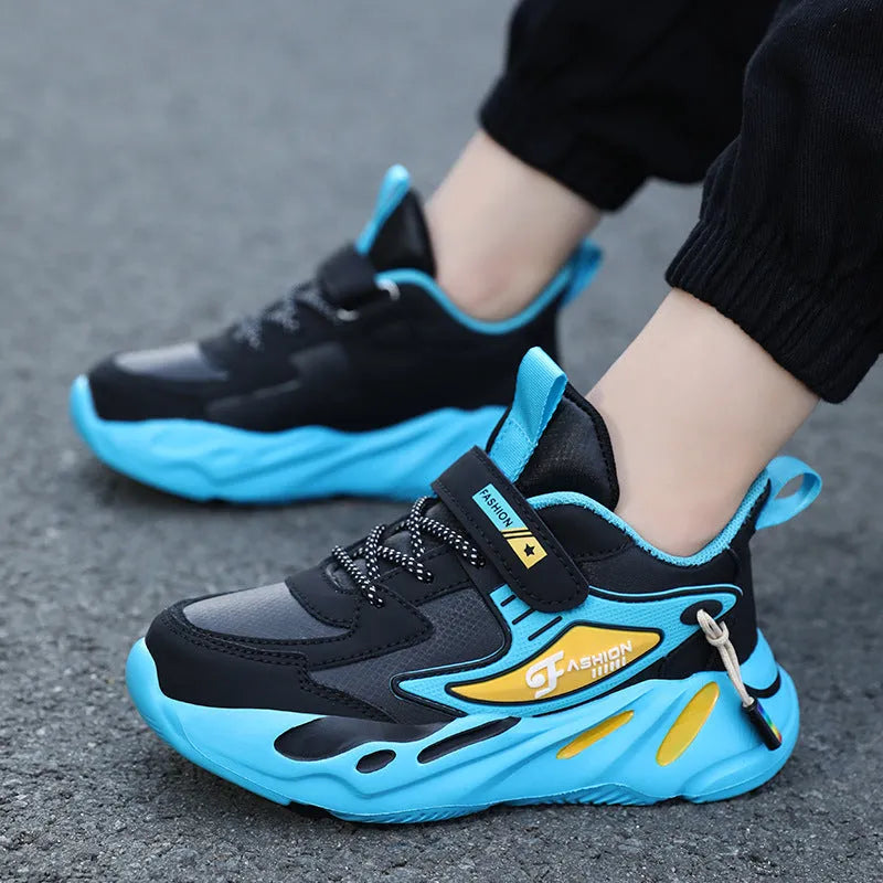 Boys dark blue and black Velcro sports running shoes with a breathable mesh upper