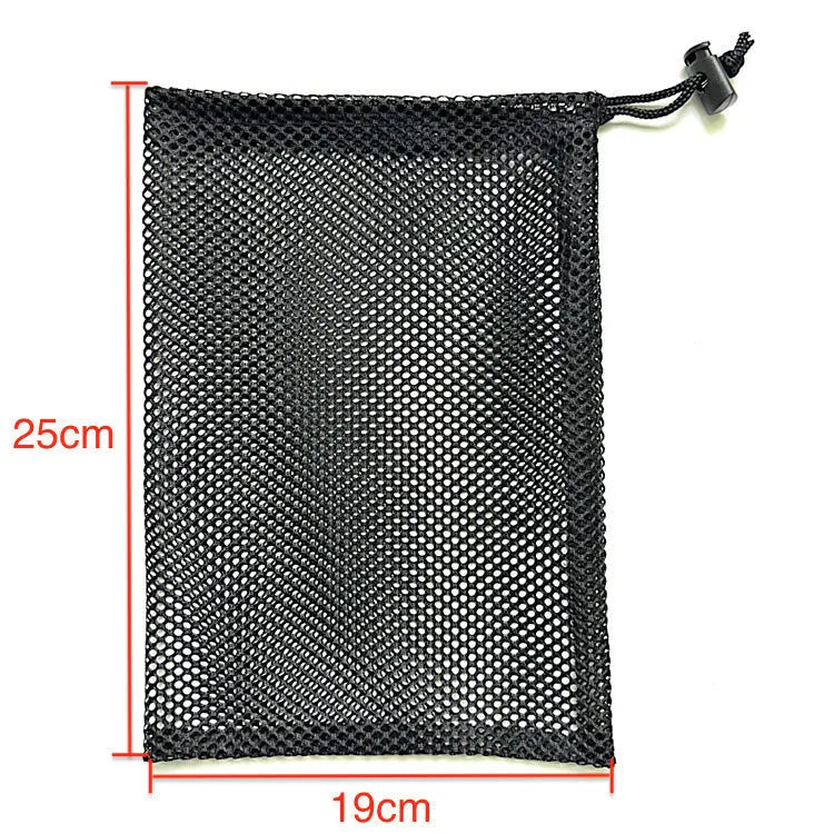 Black mesh drawstring storage bag for children's water ball toys showing three size options