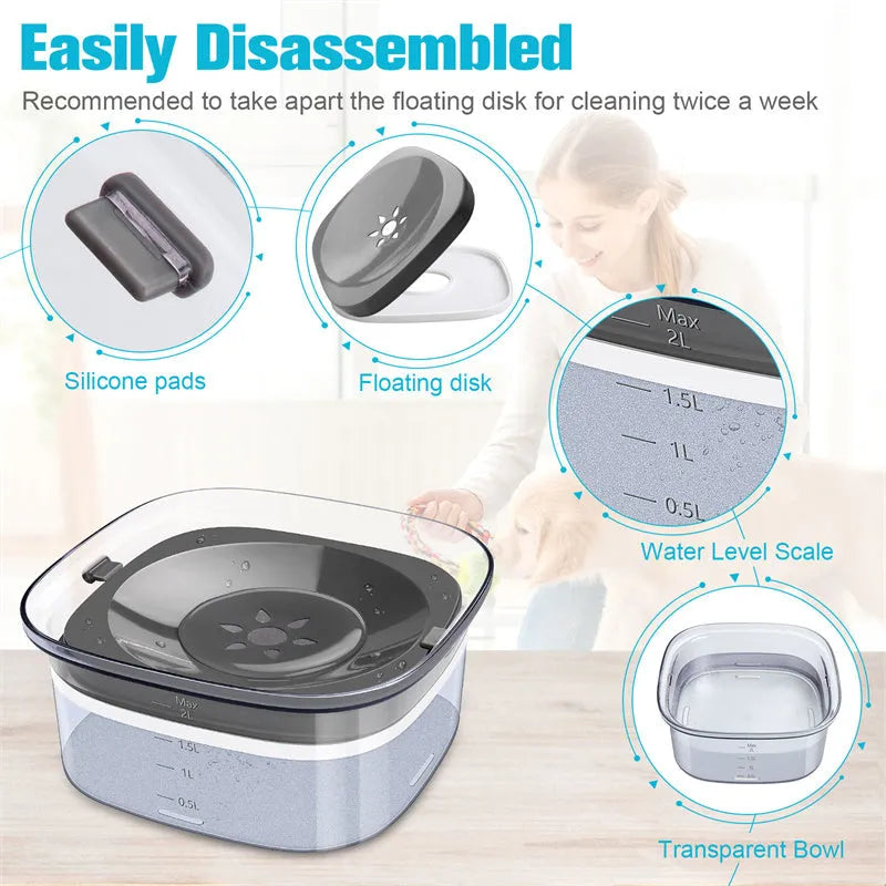 70oz Large Capacity Dog Water Bowl with Spill Proof Design, 2L Transparent Visible Water Level Slow Drinking Bowl for Dogs and Cats, Antispill Non-Slip Silicone Plugs and Frosted Bottom for Clean Floors