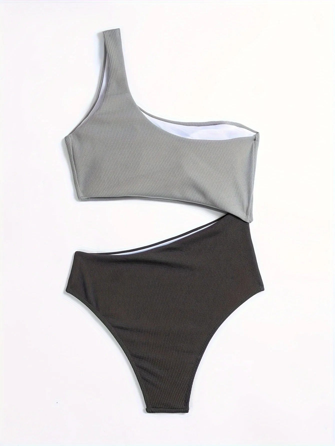 Light grey one-shoulder one-piece swimsuit on a model