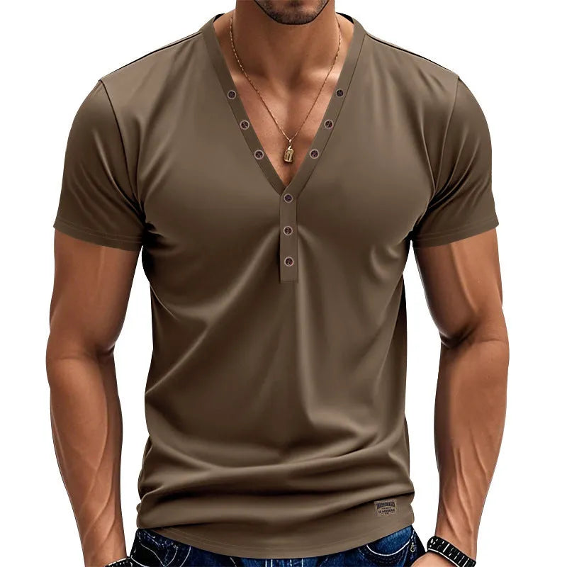 Men's loose V-neck pullover top with button details in light blue colour