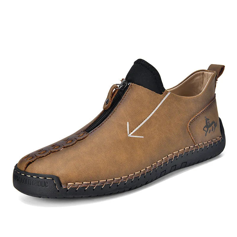 Men's front-zipper leather boots with round toe and mid-calf height in black colour