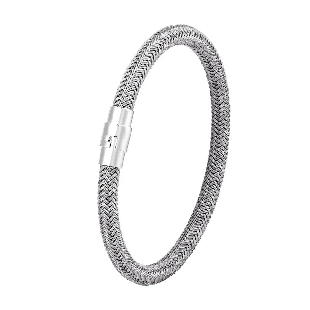 Titanium steel geometric wire bracelet with a magnetic clasp shown in multiple colour options.