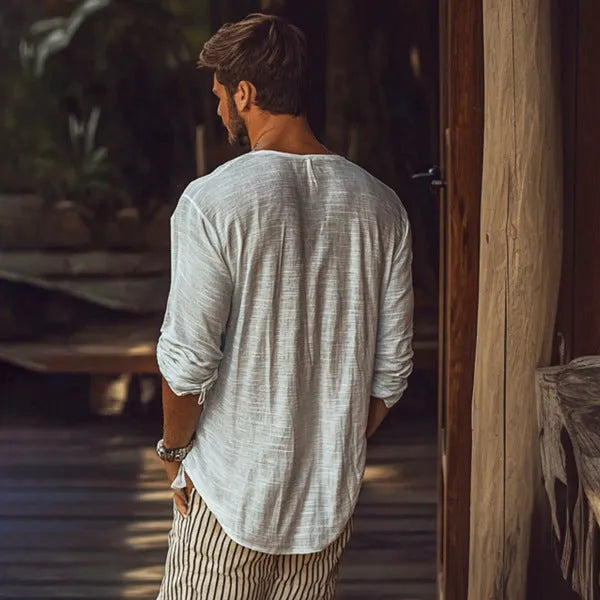 Beige V-neck long-sleeved slim fit T-shirt made from hemp blend polyester fabric