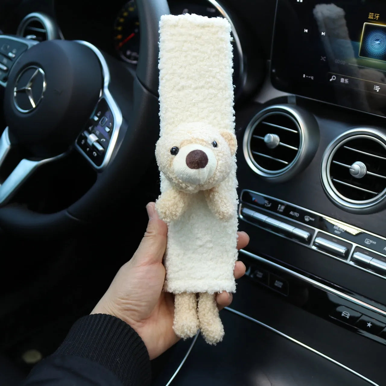 Cartoon plush car seatbelt shoulder protector in rabbit and bear designs made from lamb wool