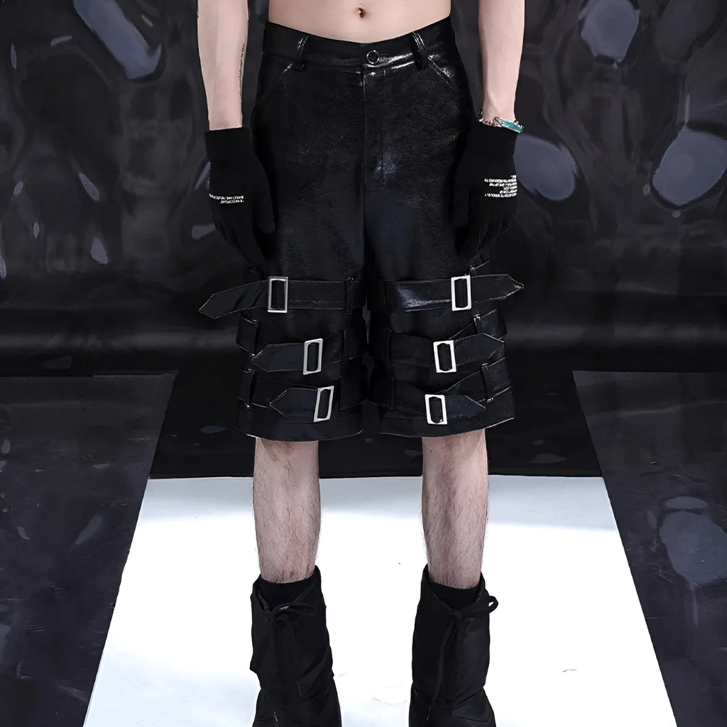 Men's black casual shorts with leather ring detail on PU leather panels