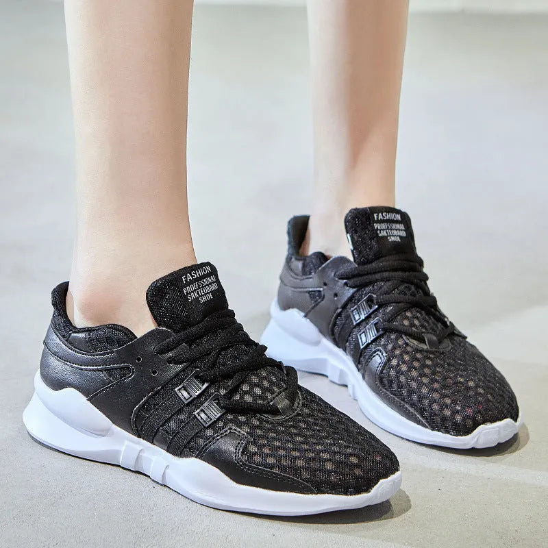 Breathable hollow out mesh sneakers in black and white colour options showing mesh upper construction