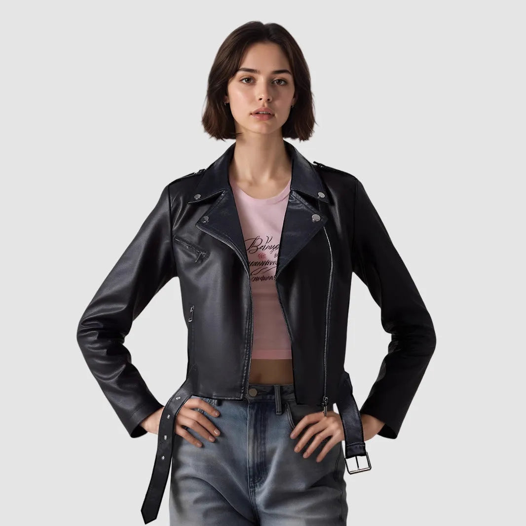 Women's black PU leather motorcycle jacket with a lapel collar and an adjustable short belt.