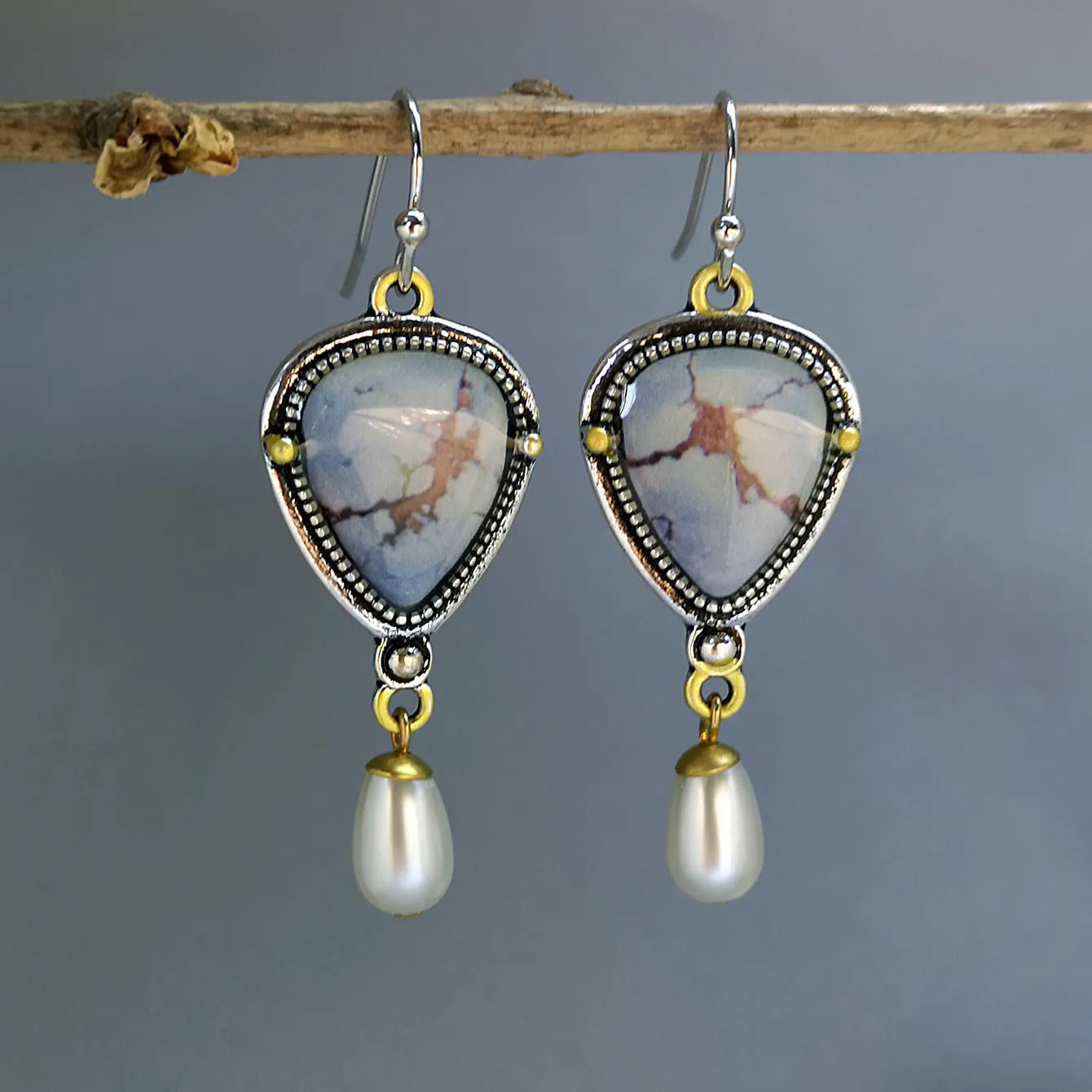 Retro blue geometric drop earrings with synthetic opal and white pearl on electroplated metal