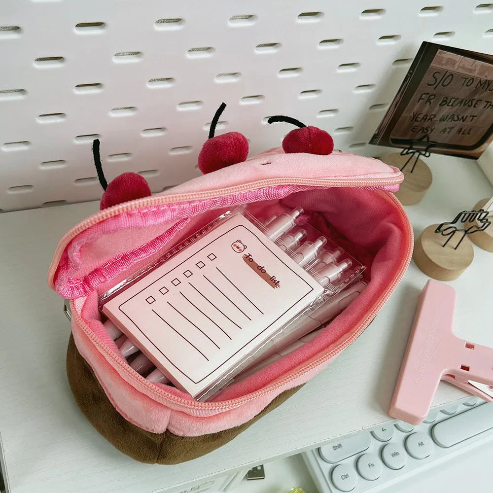 Cherry Cake coloured velvet plush pencil bag, Korean style design.