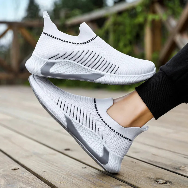 Men's striped mesh sock shoes with flyknit upper and plastic sole in three colour options