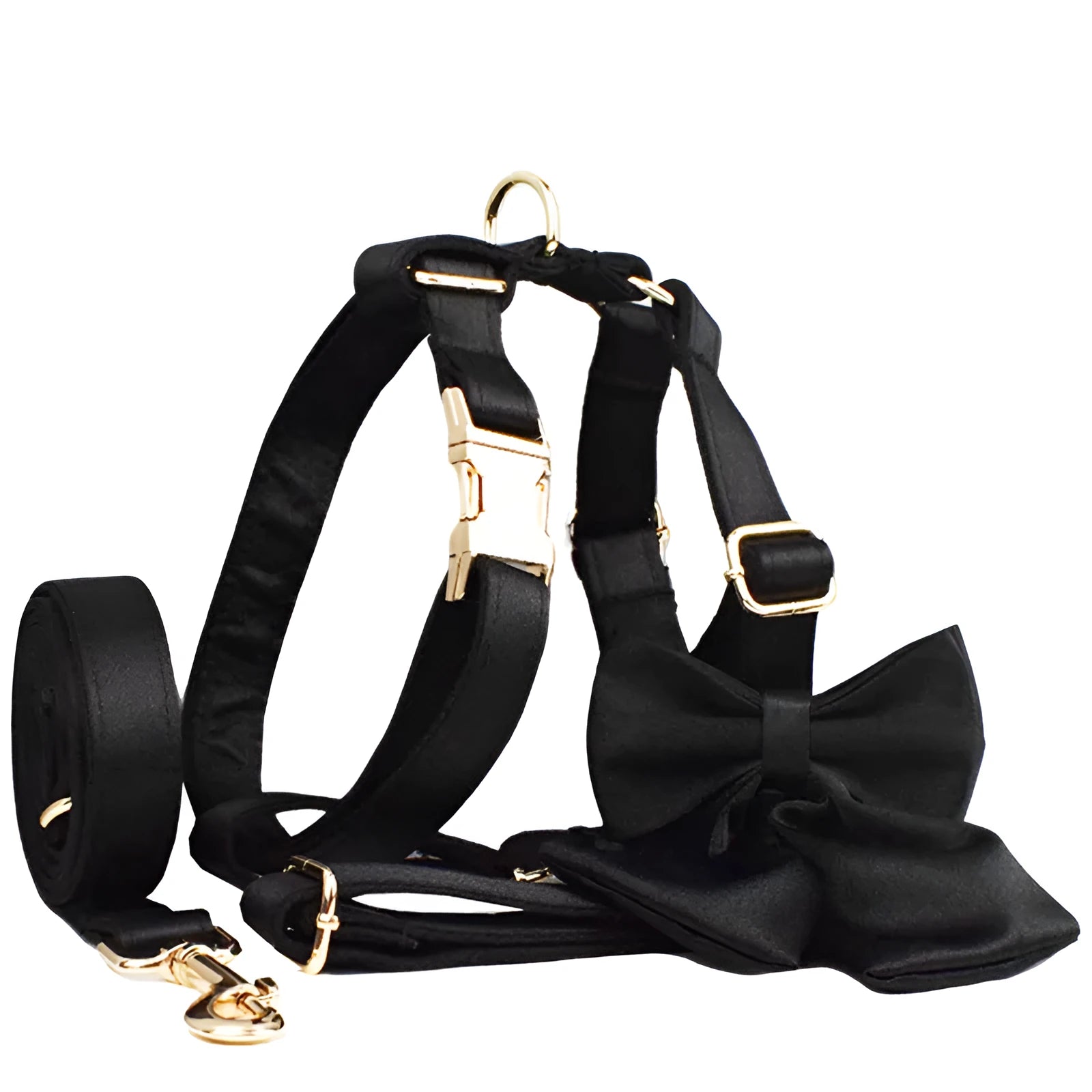 Cloth dog collar and leash set with chest strap, coordinating bow, and dog vest in multiple sizes.