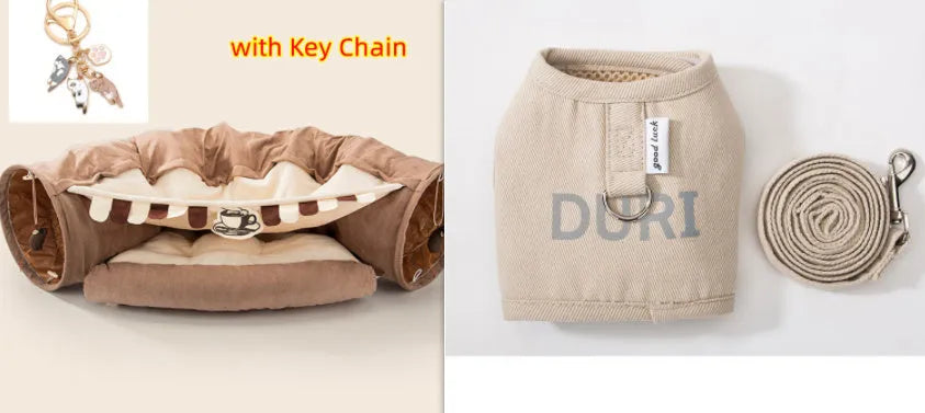 Collapsible cat tunnel toy in Bar colour design showing folded and expanded states