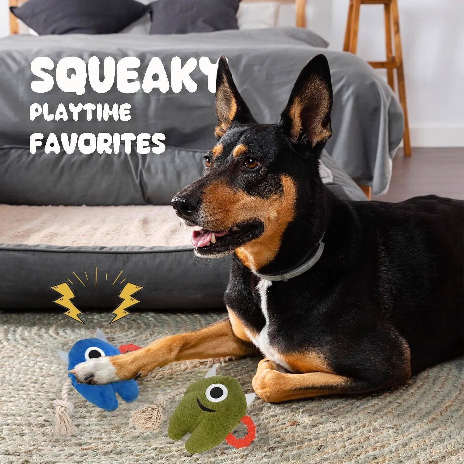 Blue and green plush dog toy with integrated cotton rope and a squeaker for chew and tug play.